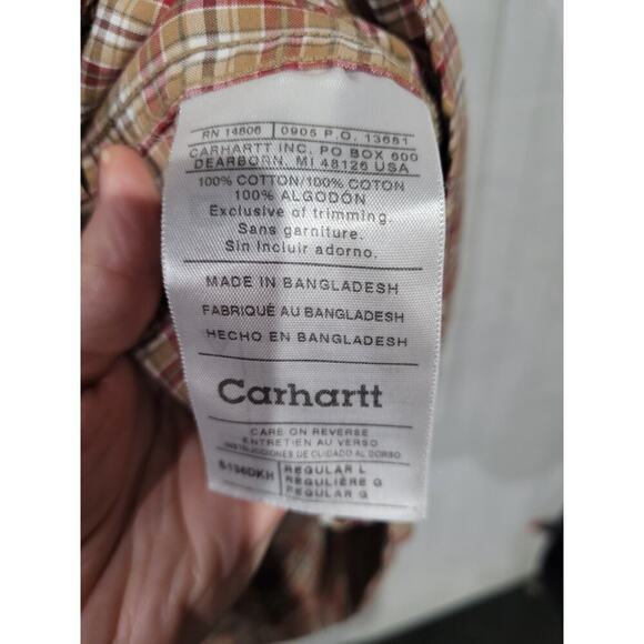 Carhartt Mens Large Shirt Button Down Plaid Short Sleeve Red Brown Cotton - Picture 4 of 7